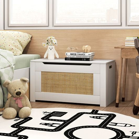 Kids Rattan Toy Storage Box with Flip Top Lid and Safety Hinge Handles-White