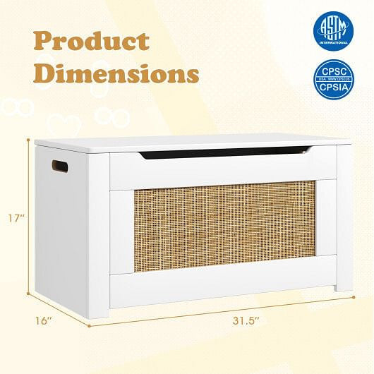 Kids Rattan Toy Storage Box with Flip Top Lid and Safety Hinge Handles-White
